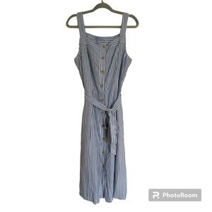 NWT Liz Claiborne Dress Linen Blend Striped Front Buttons, Blue and White